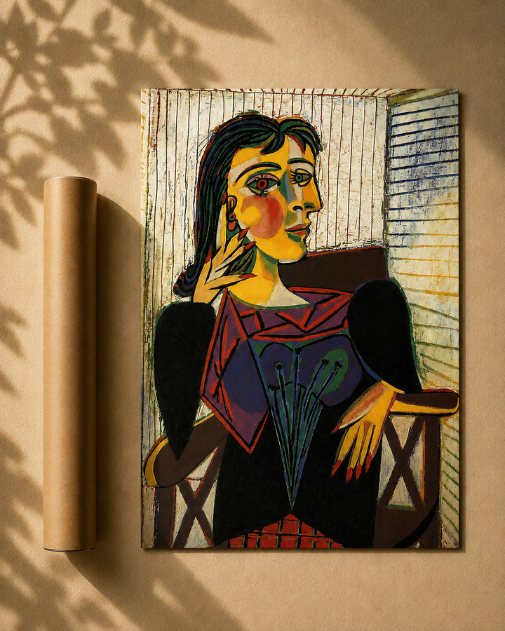 Dora Maar portrait art print with multicolor woman and fan-like motif in front of windows