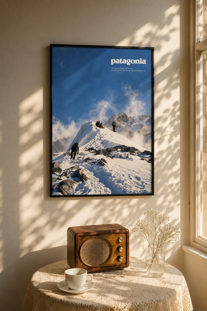 Patagonia Snow Peak Wall Art featuring climbers ascending a snow covered mountain peak beneath a clear blue sky