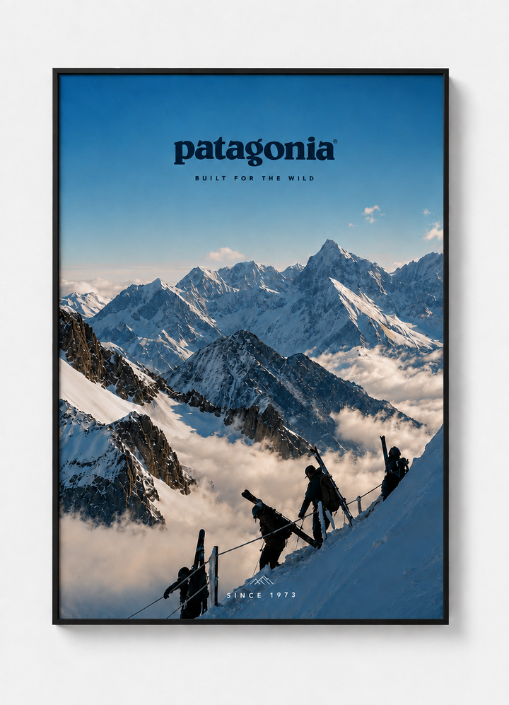 Framed alpine ski wall art poster with black frame, mountains, patagonia logo