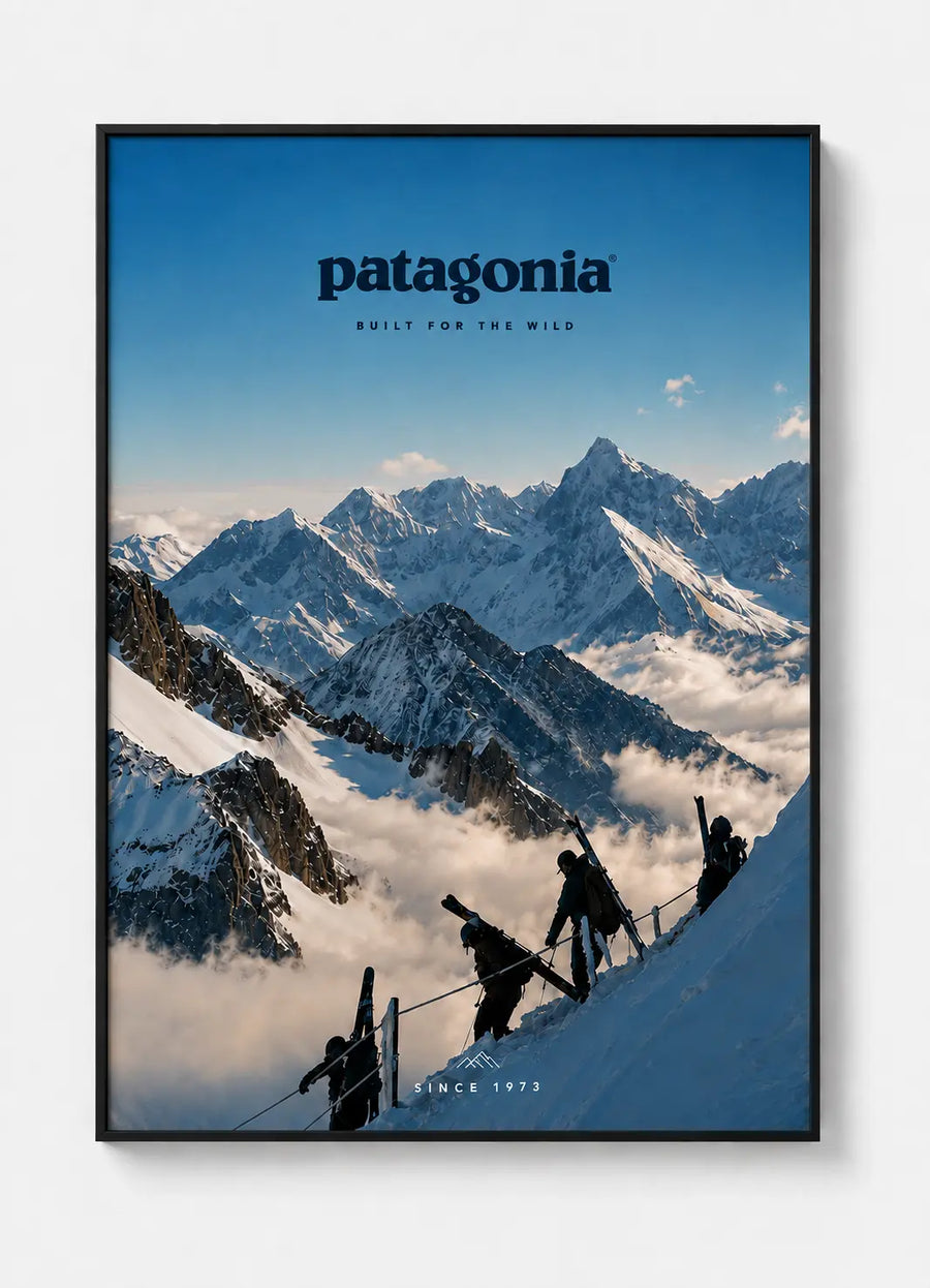 Framed alpine ski wall art poster with black frame, mountains, patagonia logo