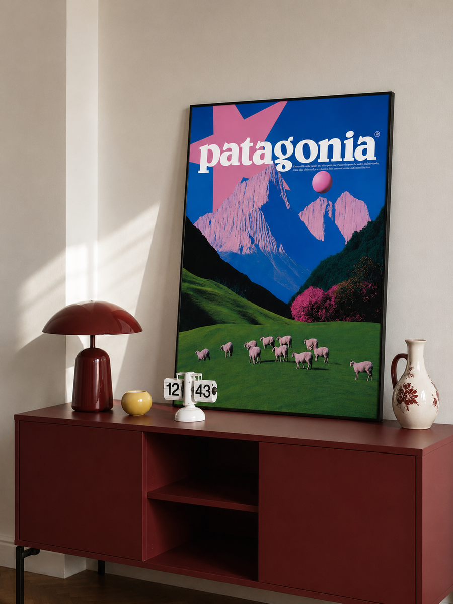 Framed Patagonia landscape wall art with mountains and grazing sheep in green field