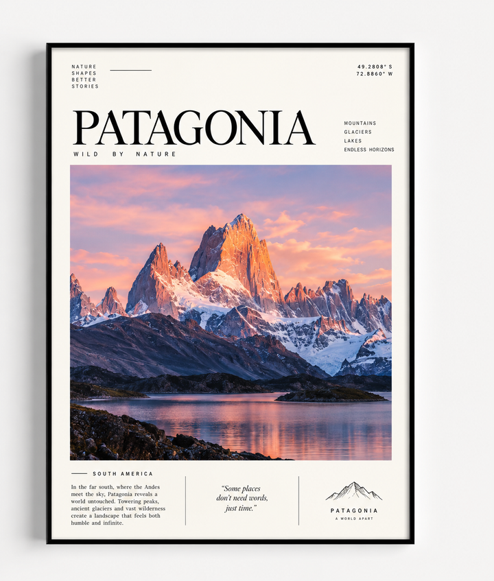 Framed travel poster print with Patagonia branding and mountain landscape at sunset