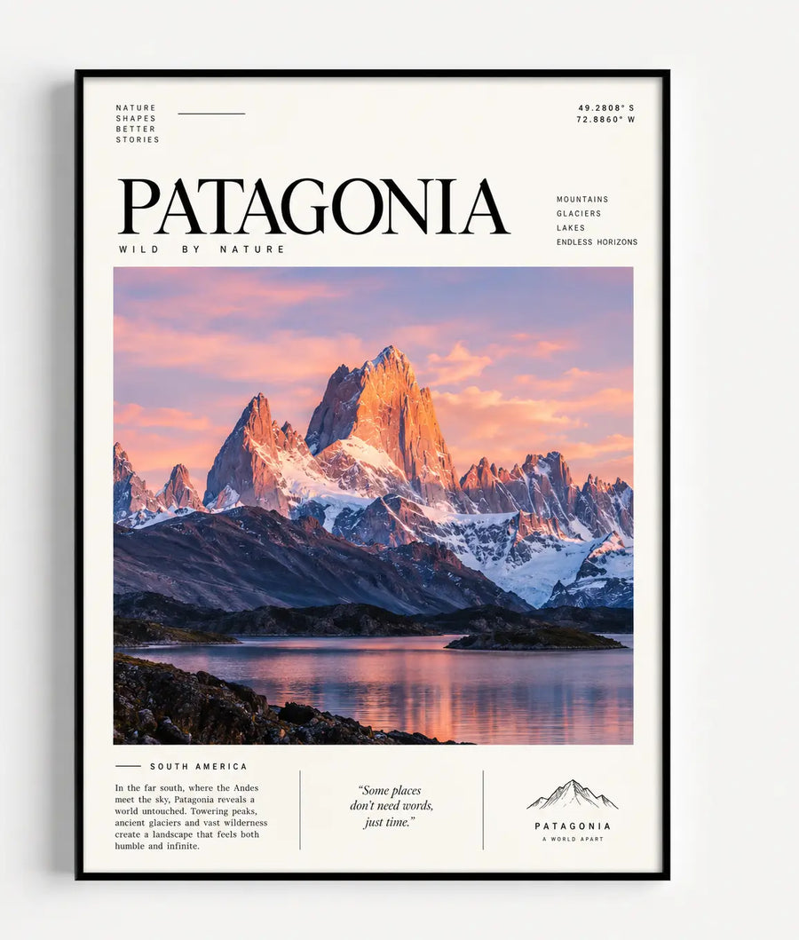 Framed travel poster print with Patagonia branding and mountain landscape at sunset