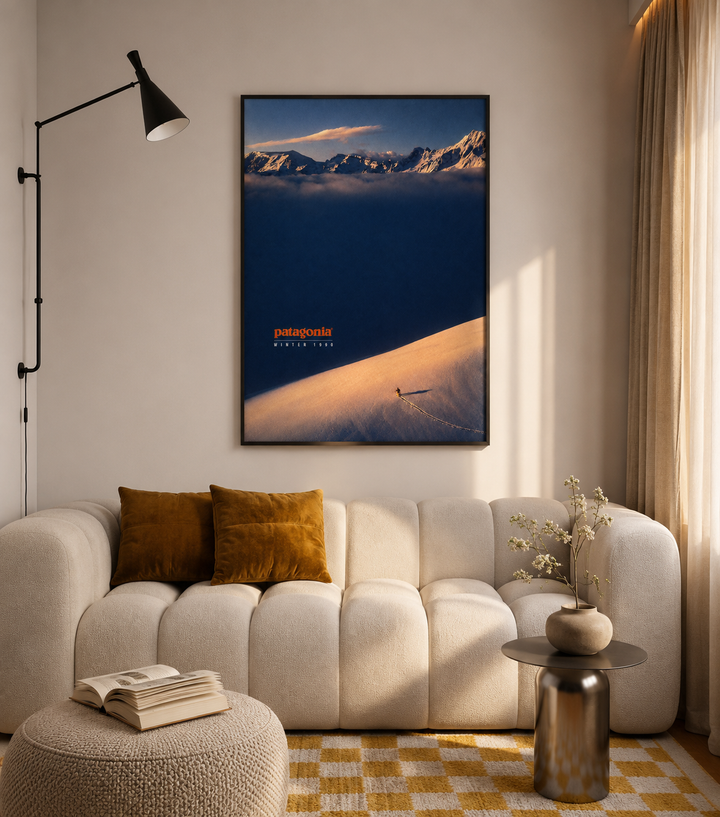 Patagonia Sunset Landscape Print with panoramic snow covered peaks beneath a colorful sunset sky