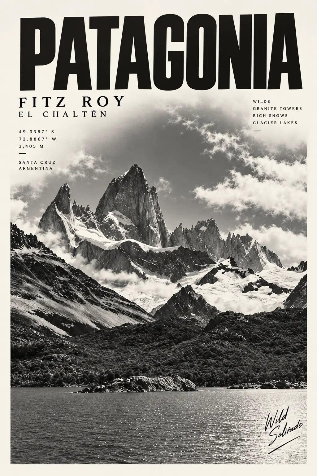Patagonia Black and White Art showing layered rocky peaks, open wilderness and atmospheric black and white landscape details