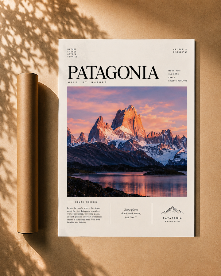 Travel poster print with Patagonia branding on kraft paper, mountain landscape at sunset