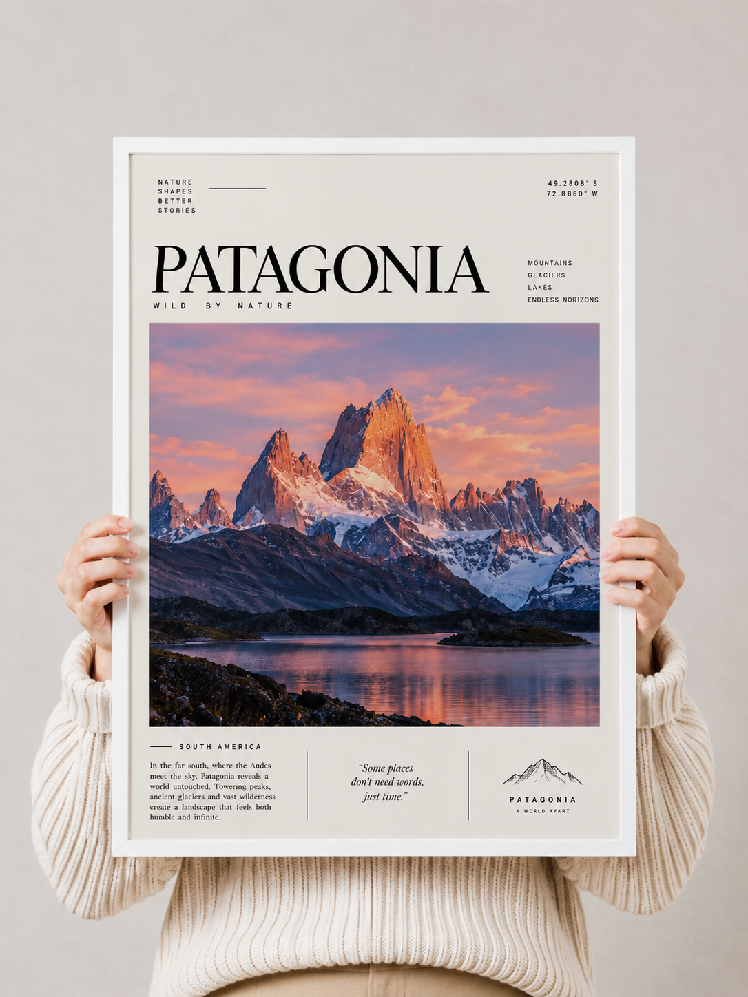 Travel poster print with Patagonia branding held by hands, showing mountain peaks and lake