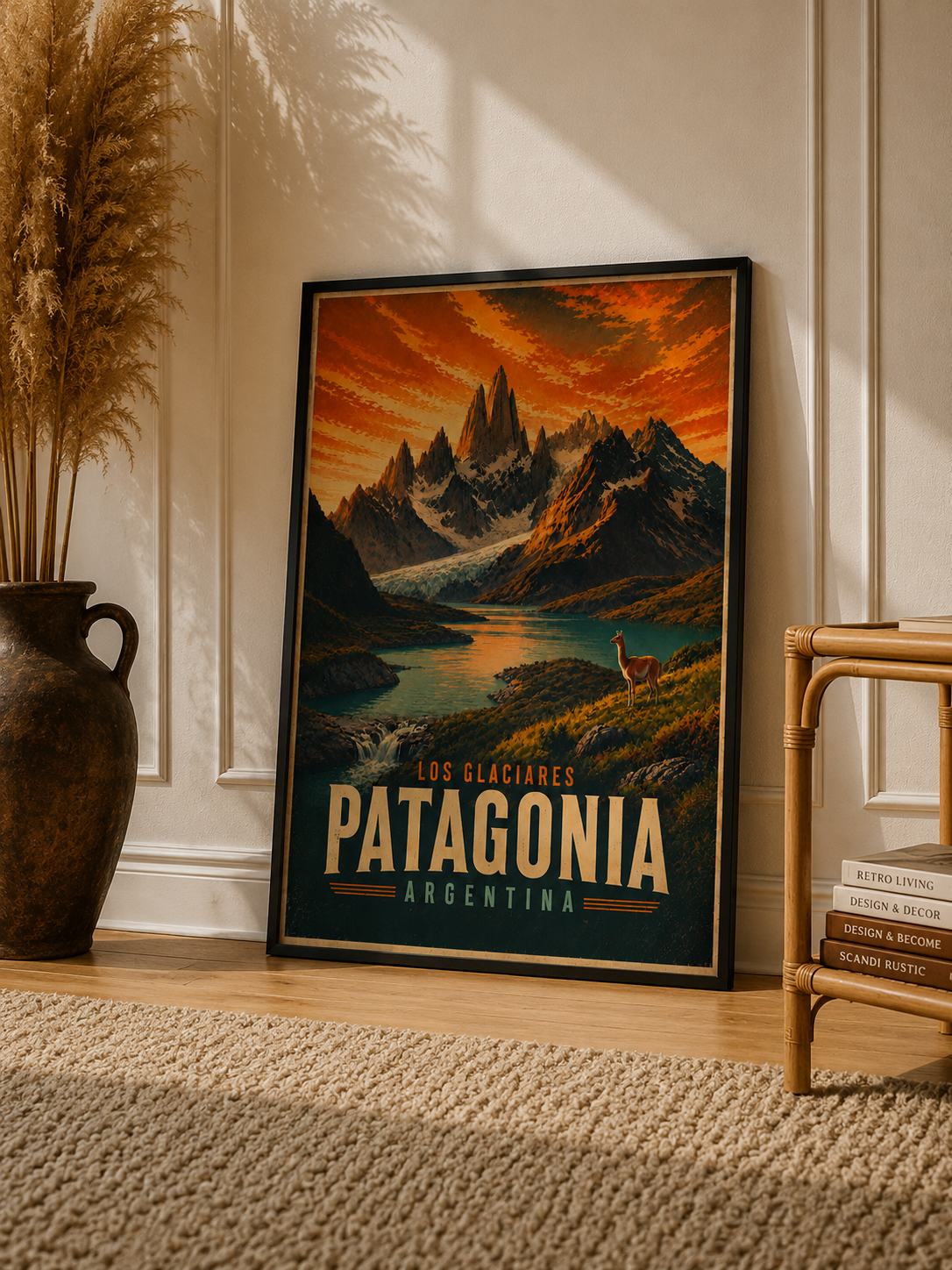 Los Glaciares Patagonia Argentina Vintage Travel Poster featuring dramatic mountain peaks and a warm orange sunset