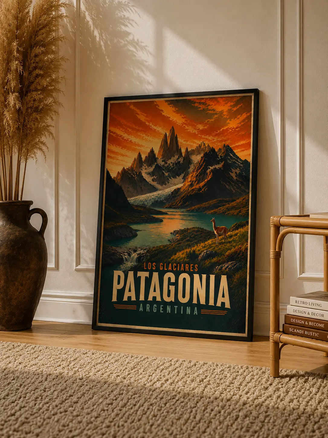 Framed Patagonia Argentina vintage travel poster featuring mountain peaks, lake, and llama