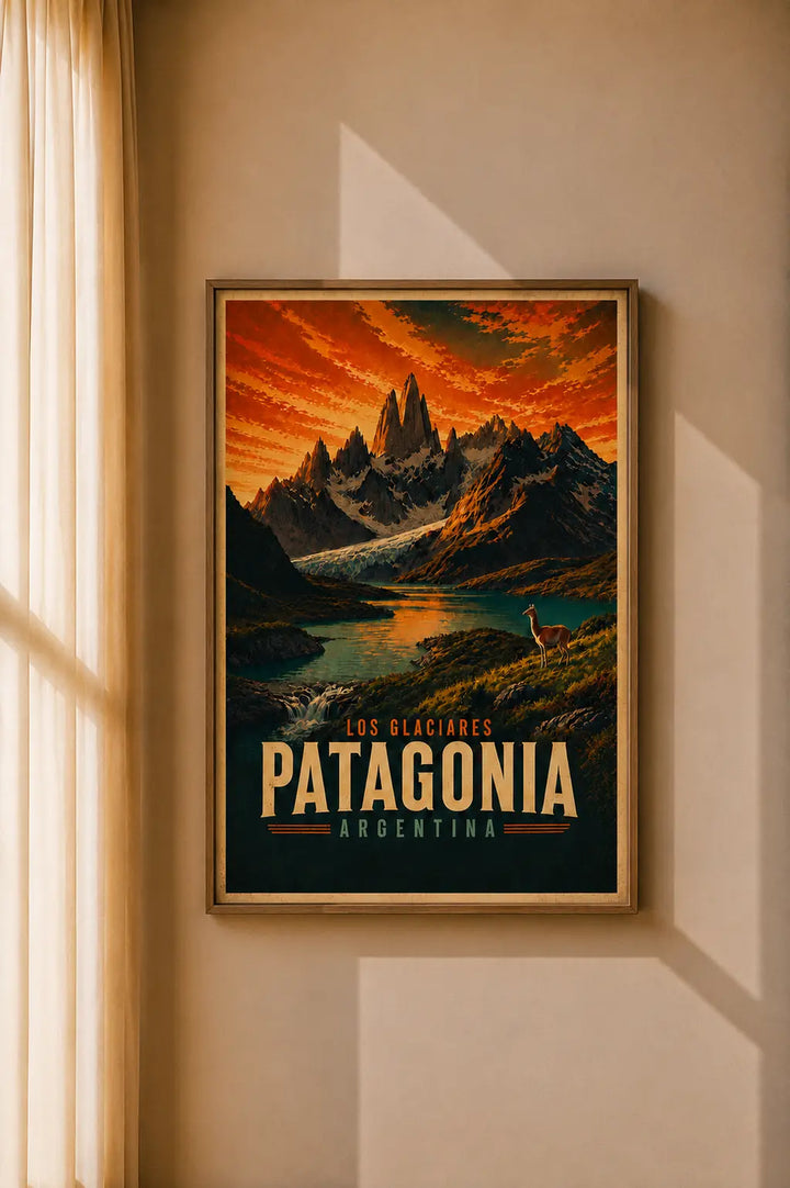 Framed vintage Patagonia Argentina poster with glowing sunset mountains, lake, and llama