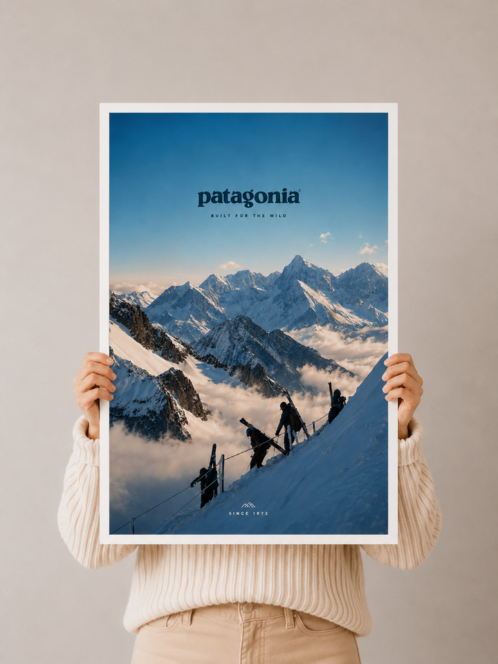 Alpine ski wall art poster with white border, mountain landscape and patagonia logo