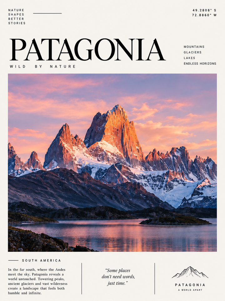Framed travel poster print featuring Patagonia branding over alpine peaks and sunset lake