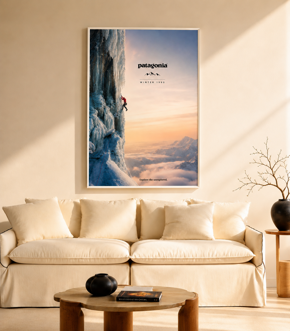 Framed mountain landscape print with snowy cliff and sunrise, Patagonia logo