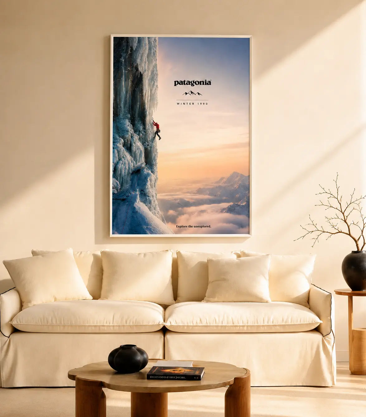 Framed mountain landscape print with snowy cliff and sunrise, Patagonia logo