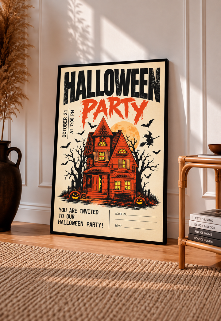 Personalized Halloween Wall Art featuring an illustrated orange haunted house, flying bats and spooky seasonal details