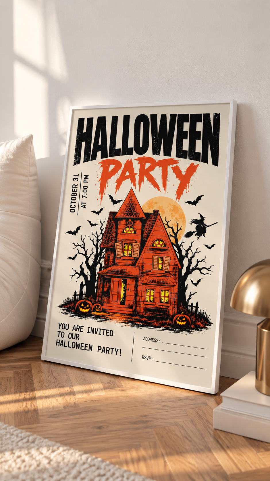 Personalized Halloween Wall Art featuring a haunted mansion, bold orange lettering and playful Halloween imagery