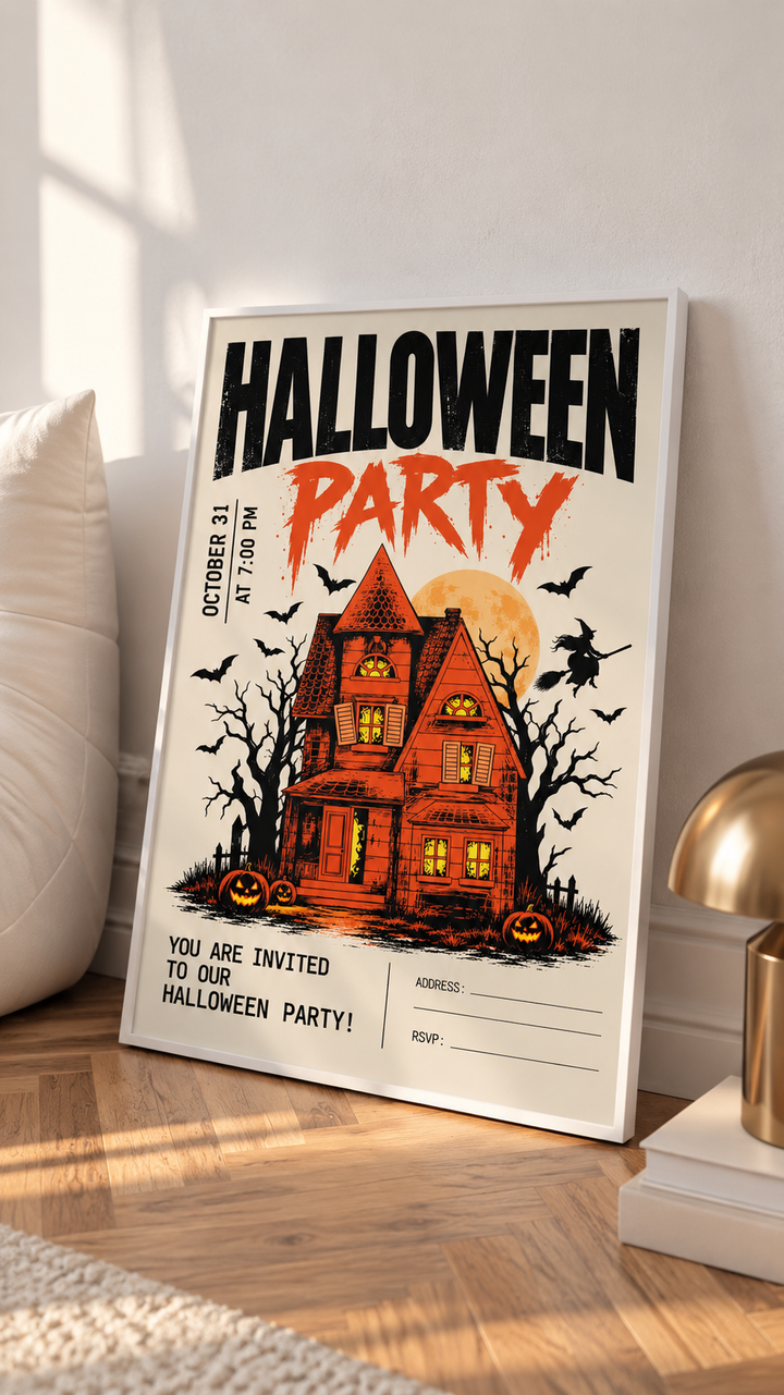 Personalized Halloween Wall Art featuring a haunted mansion, bold orange lettering and playful Halloween imagery