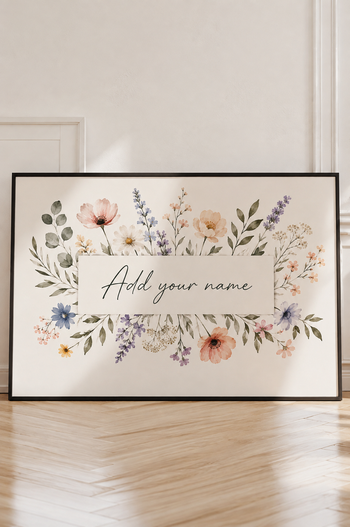 Personalized Name Art Print featuring custom lettering surrounded by delicate watercolor wildflowers