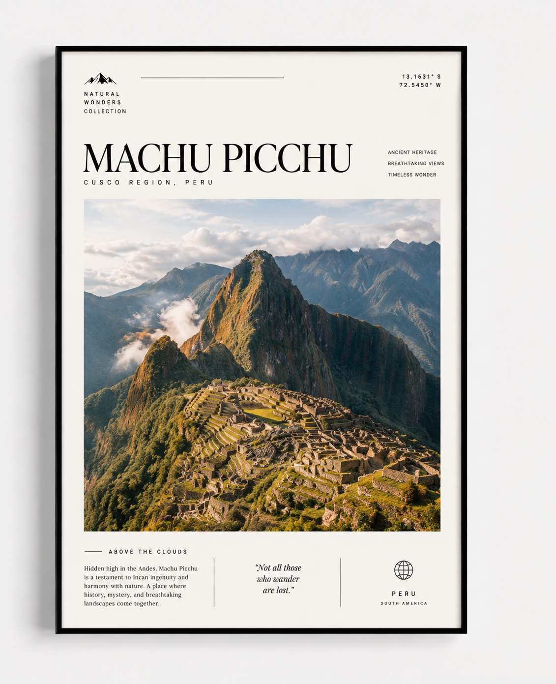 Machu Picchu Travel Print showcasing Peru's ancient Inca city with dramatic mountain scenery and timeless travel artwork.