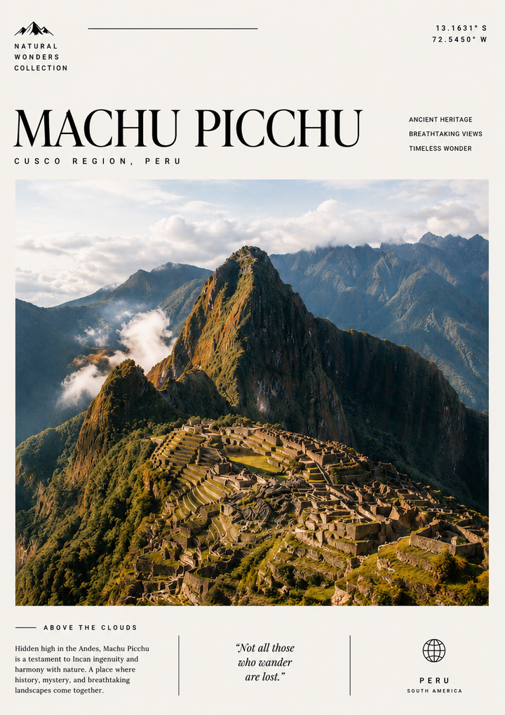 Machu Picchu Travel Print inspired by Peru's UNESCO World Heritage Site with detailed mountain and architectural views.