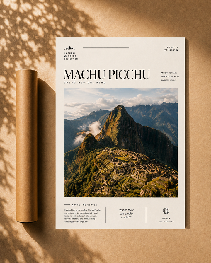 Machu Picchu Travel Print displaying panoramic Andean peaks and the historic Inca citadel as museum quality wall art.