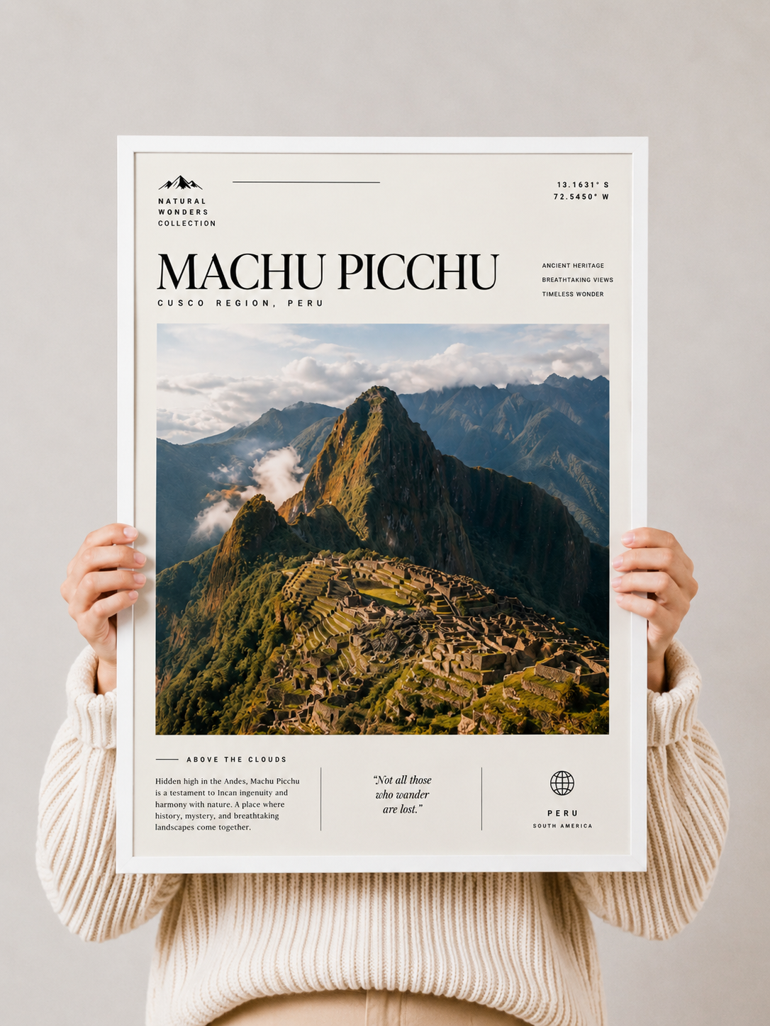 Machu Picchu Travel Print with stunning Peruvian mountain landscapes, historic architecture, and vintage inspired design.