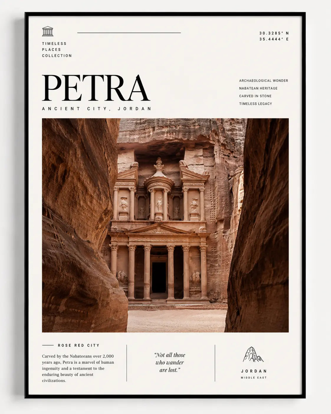 Framed Petra travel print with desert sandstone temple doorway scene in black border