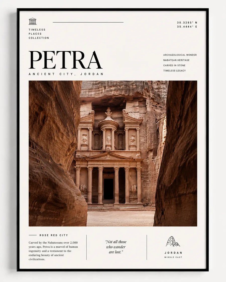 Framed Petra travel print with desert sandstone temple doorway scene in black border