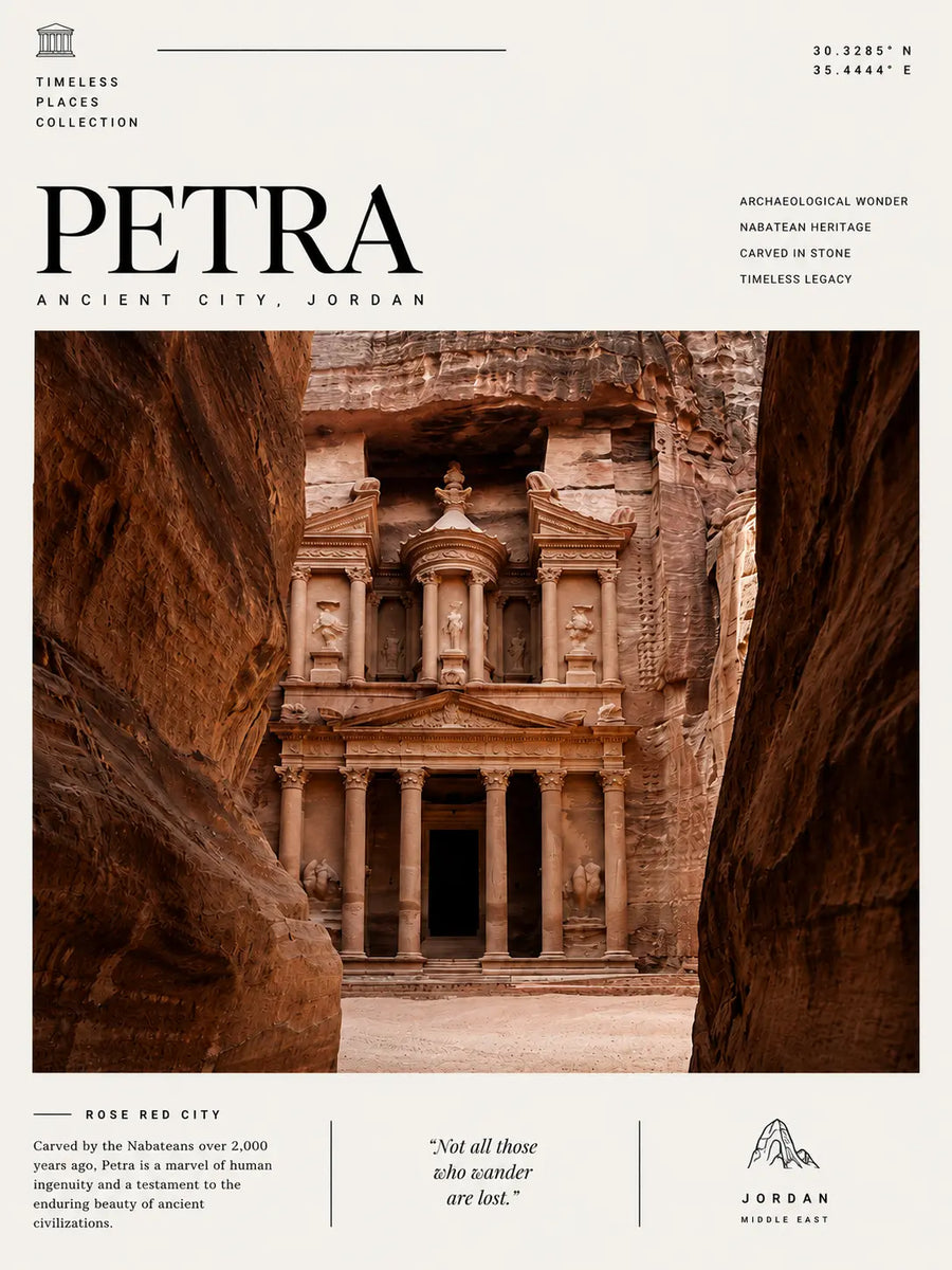 Petra travel print with sandstone temple doorway scene, framed in black
