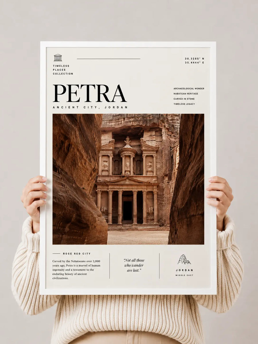 Petra travel print held by hands, sandstone temple doorway scene in white frame