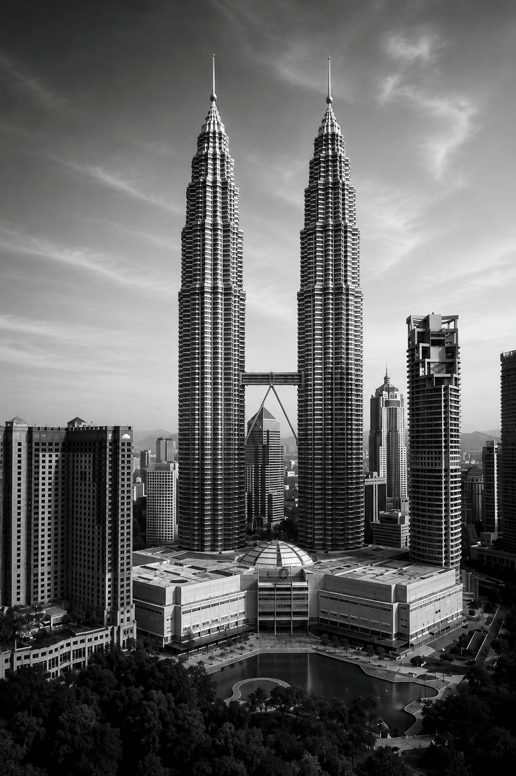 Black-and-white skyline poster featuring twin tall towers and surrounding buildings