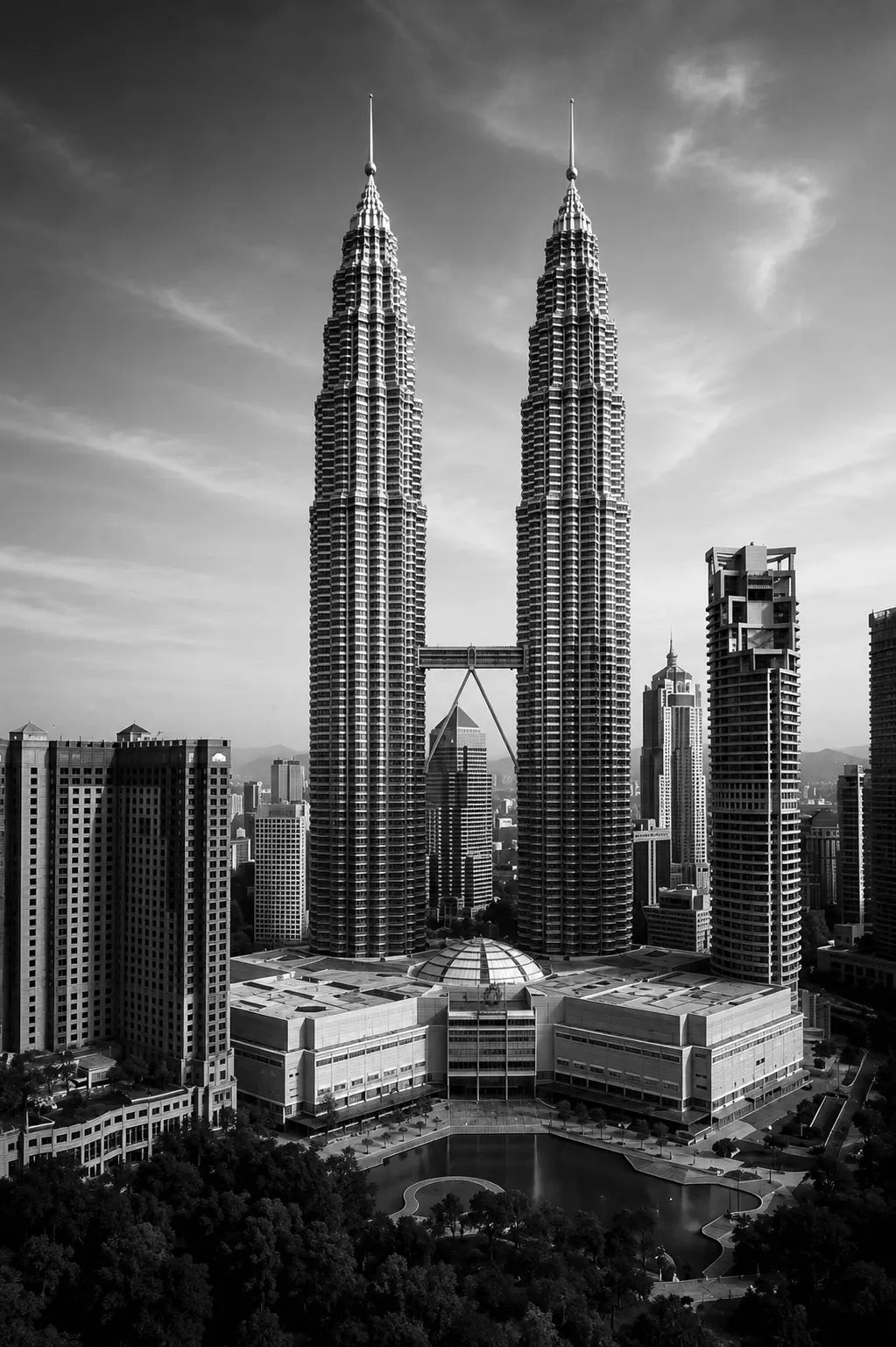 Black-and-white skyline poster featuring twin tall towers and surrounding buildings