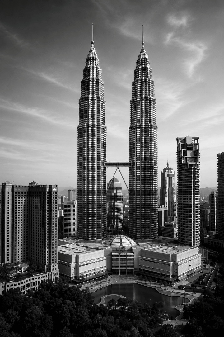 Black-and-white skyline poster featuring twin tall towers and surrounding buildings