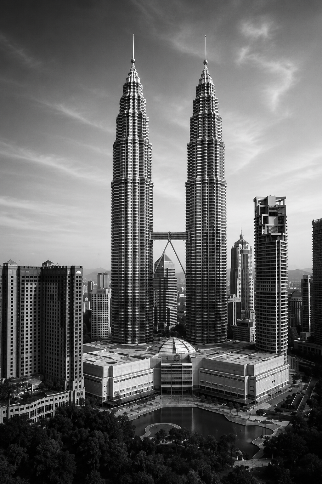 Petronas Towers Poster featuring the iconic Kuala Lumpur skyline in a timeless black and white architectural composition.