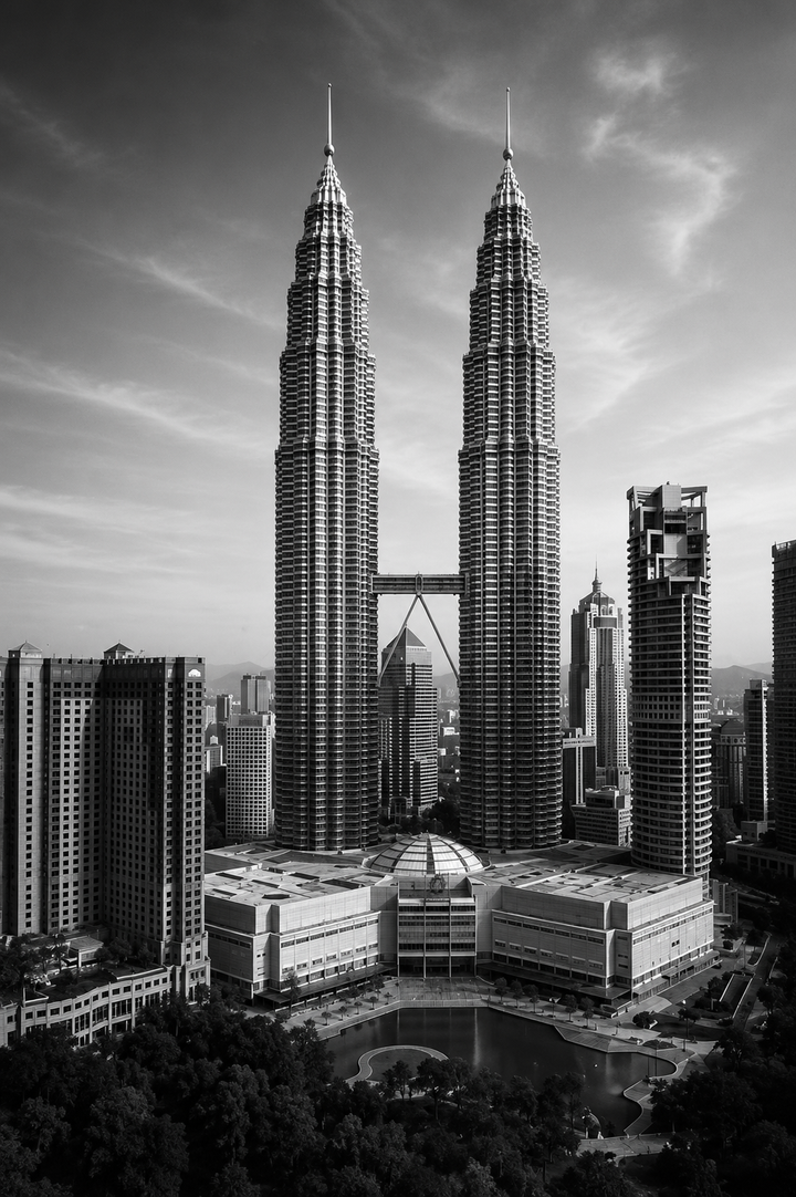 Petronas Towers Poster featuring the iconic Kuala Lumpur skyline in a timeless black and white architectural composition.
