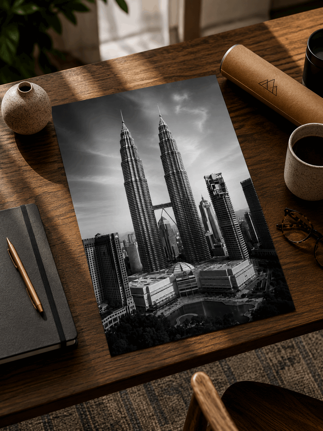 Black-and-white skyline poster with twin towers, viewed from an angle