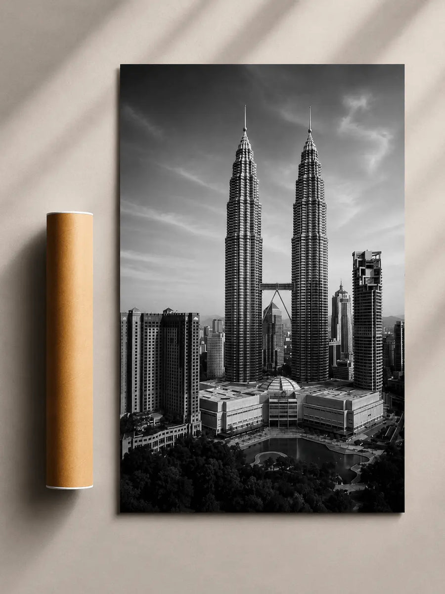 Black-and-white skyline poster with two tall Petronas towers