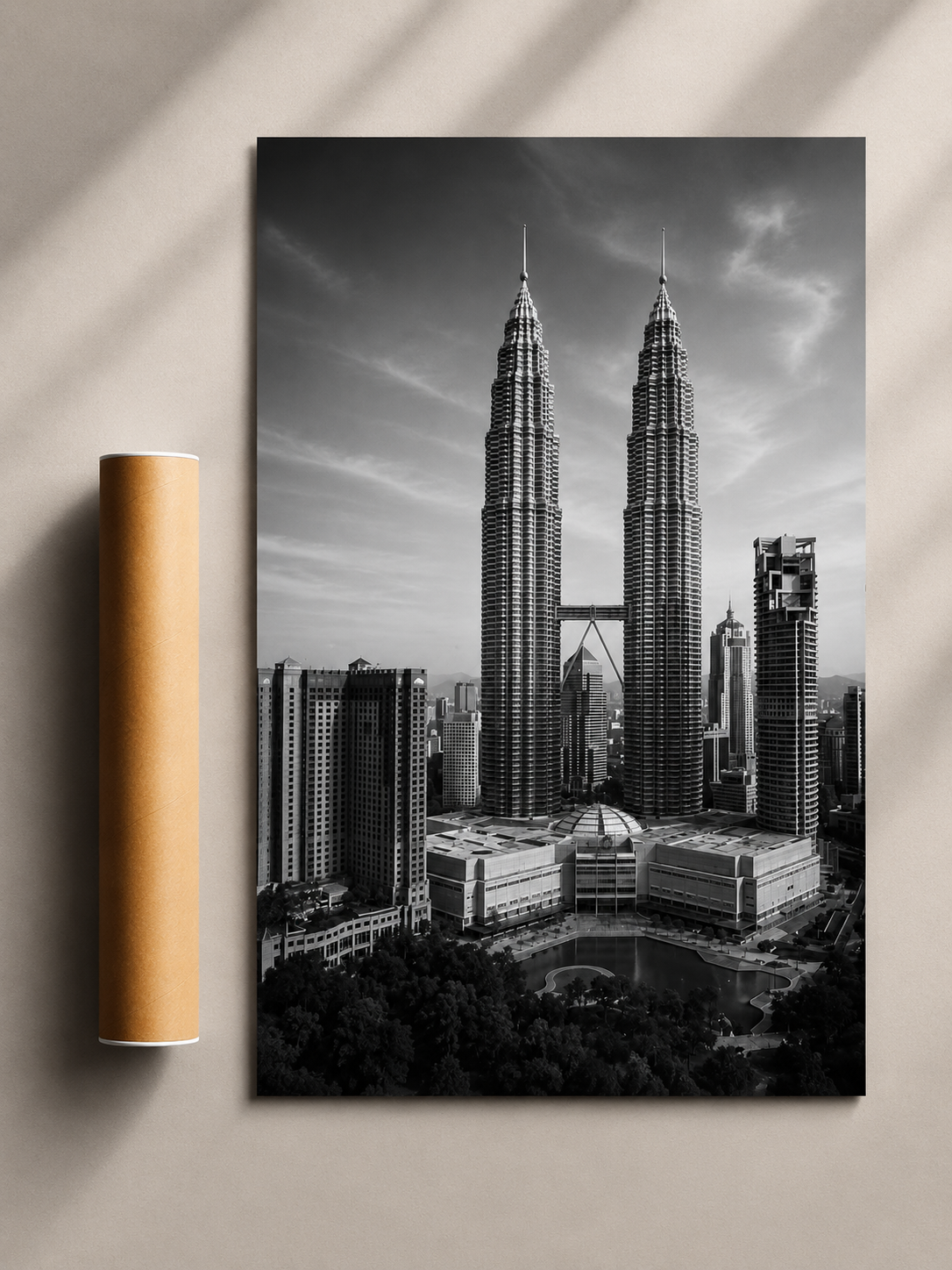 Petronas Towers Poster displaying Kuala Lumpur's landmark skyline through detailed black and white photography.