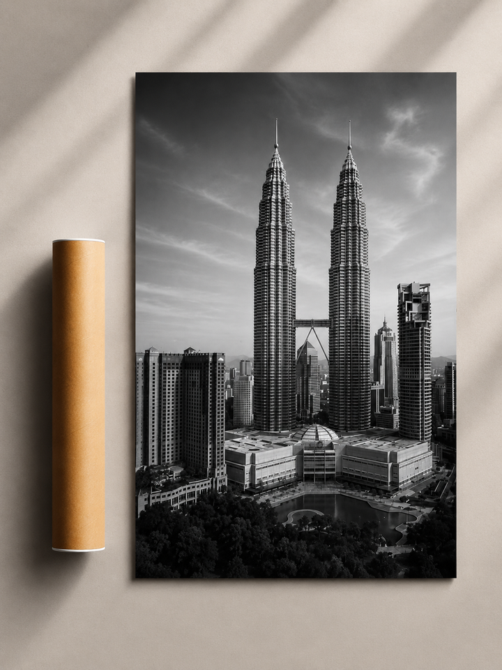 Petronas Towers Poster displaying Kuala Lumpur's landmark skyline through detailed black and white photography.