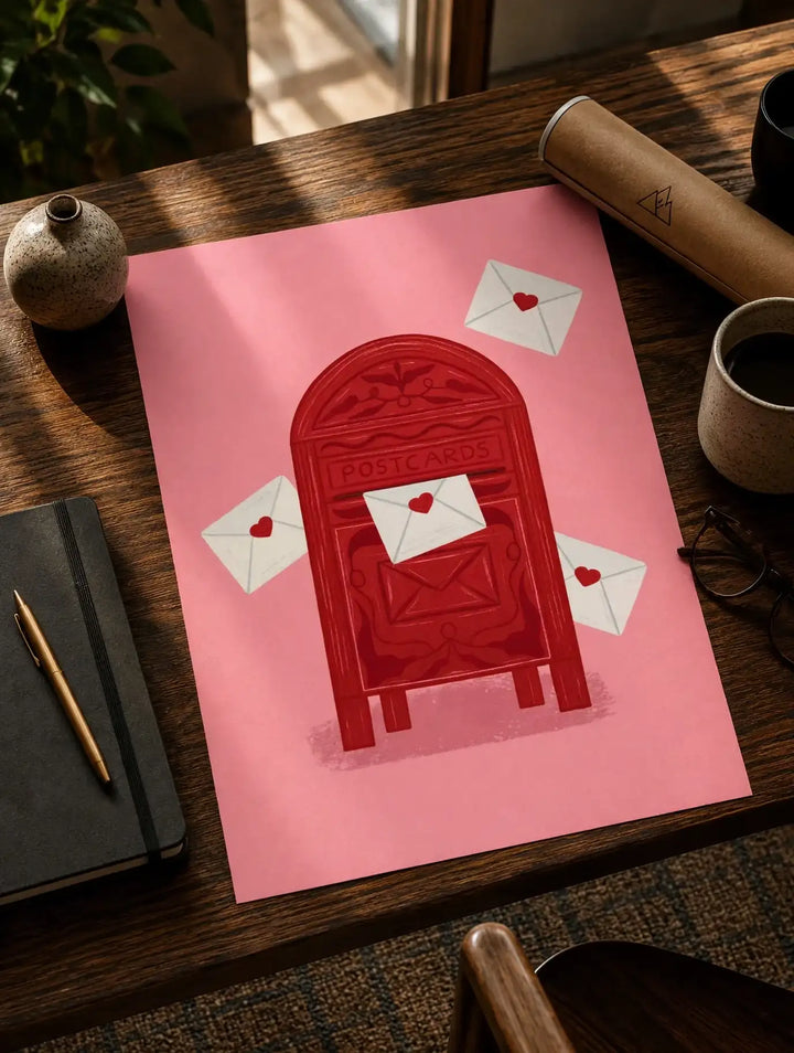 Unframed love letter wall print on desk with red mailbox and heart envelopes