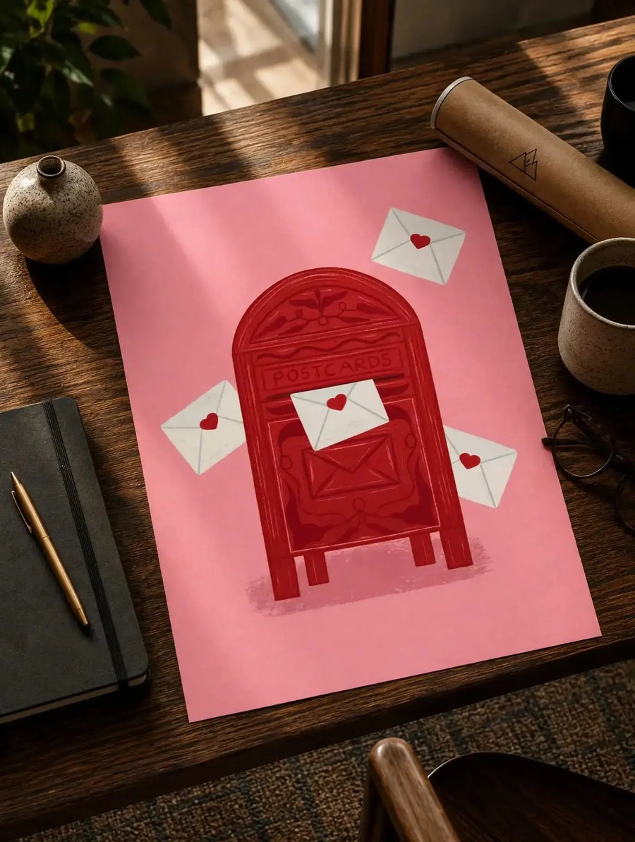 Unframed love letter wall print on desk with red mailbox and heart envelopes