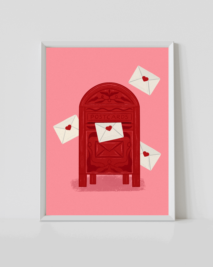 Love letter print in white frame with red postcard mailbox and envelopes