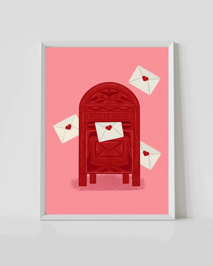 Love letter print in white frame with red postcard mailbox and envelopes