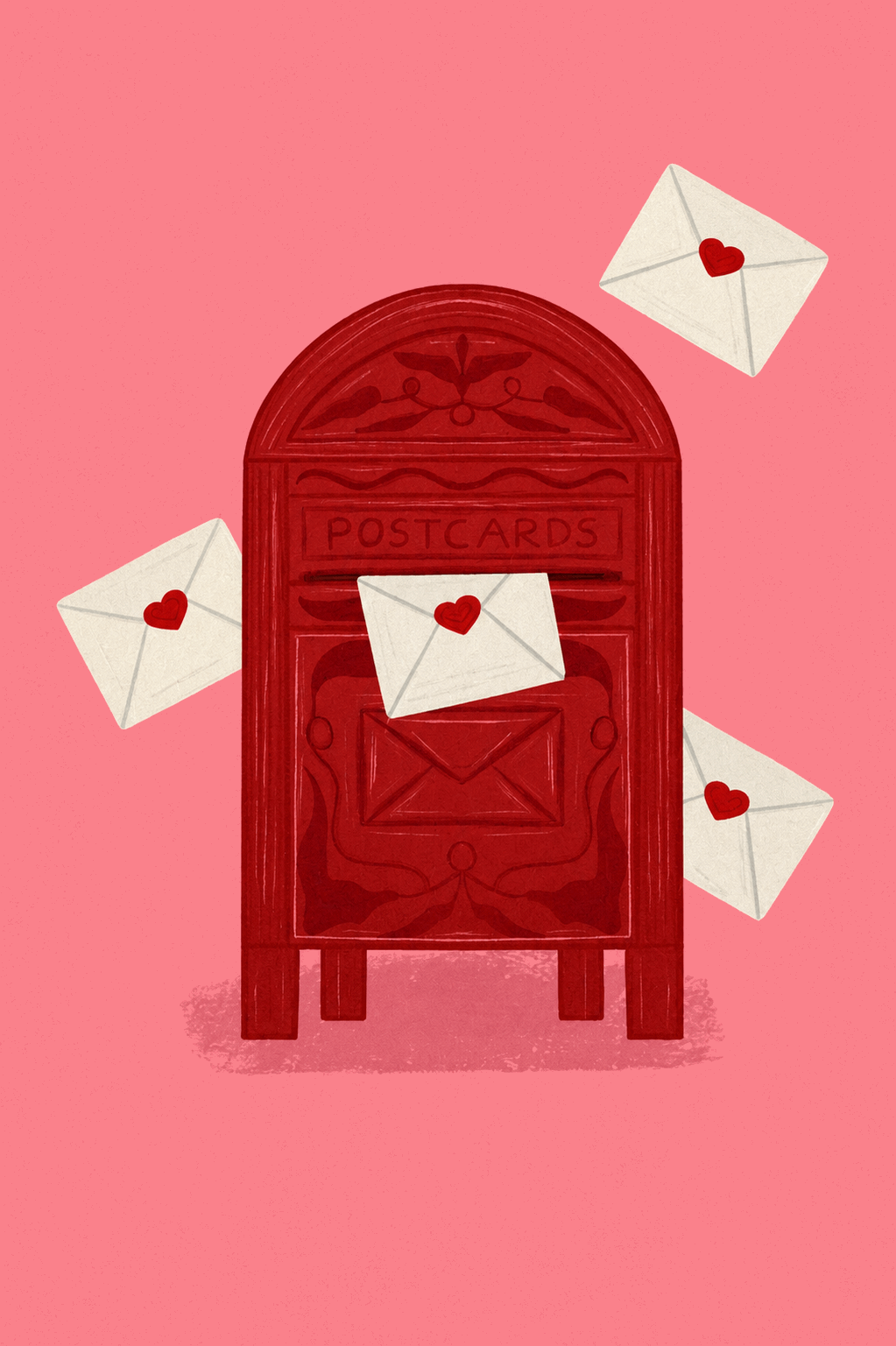 Red postcard mailbox love letter graphic on pink background, no frame