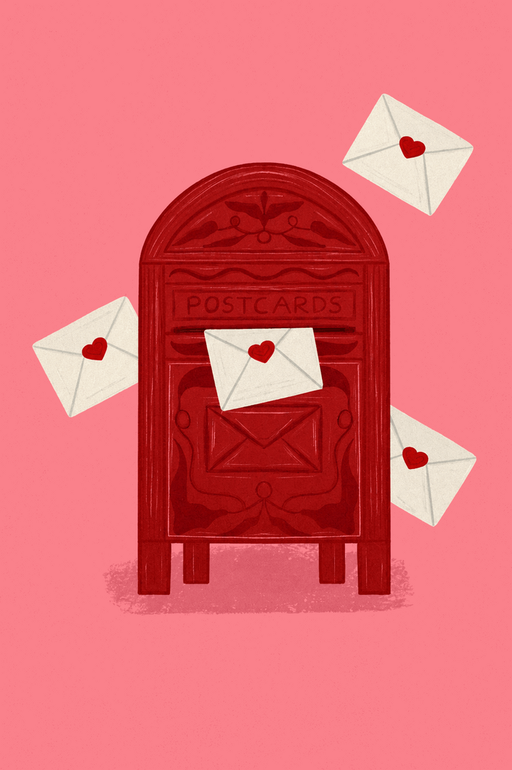 Red postcard mailbox love letter graphic on pink background, no frame