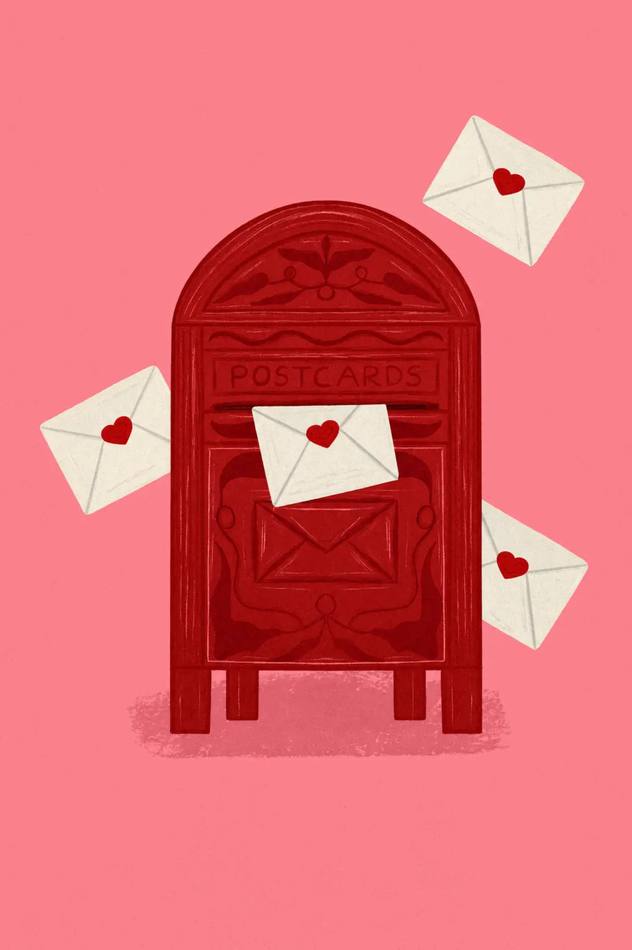 Red postcard mailbox love letter graphic on pink background, no frame