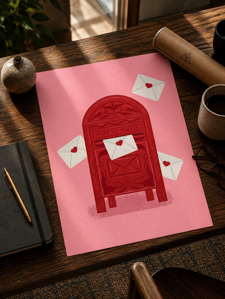 Love Letter Print displaying a classic red mailbox and love letters for bedrooms, gallery walls, and modern interiors.