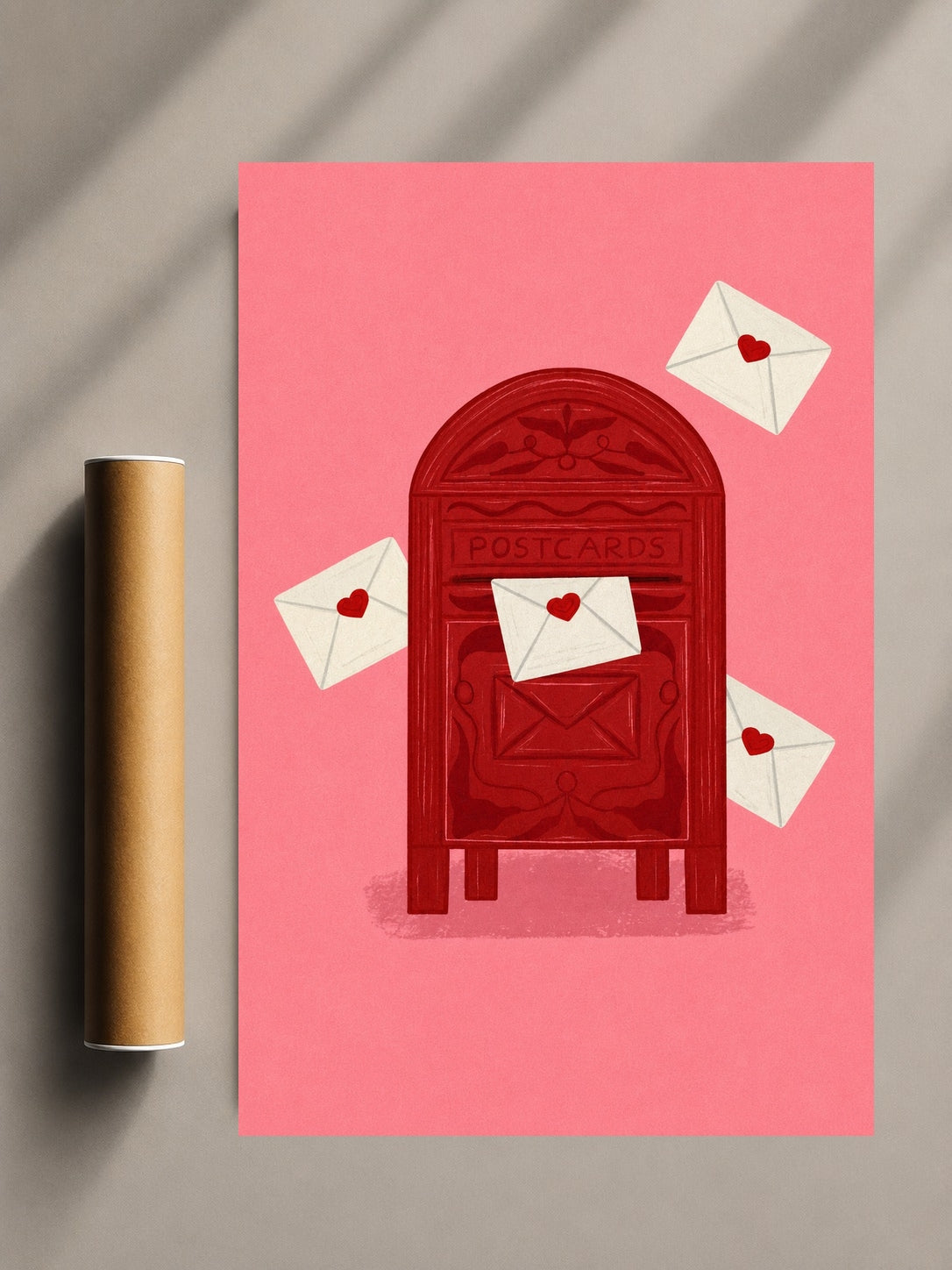 Wall poster print with red mailbox illustration and white envelopes on a pink background