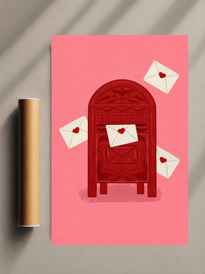 Love Letter Print combining playful mailbox artwork with floating envelopes in a contemporary romantic design.