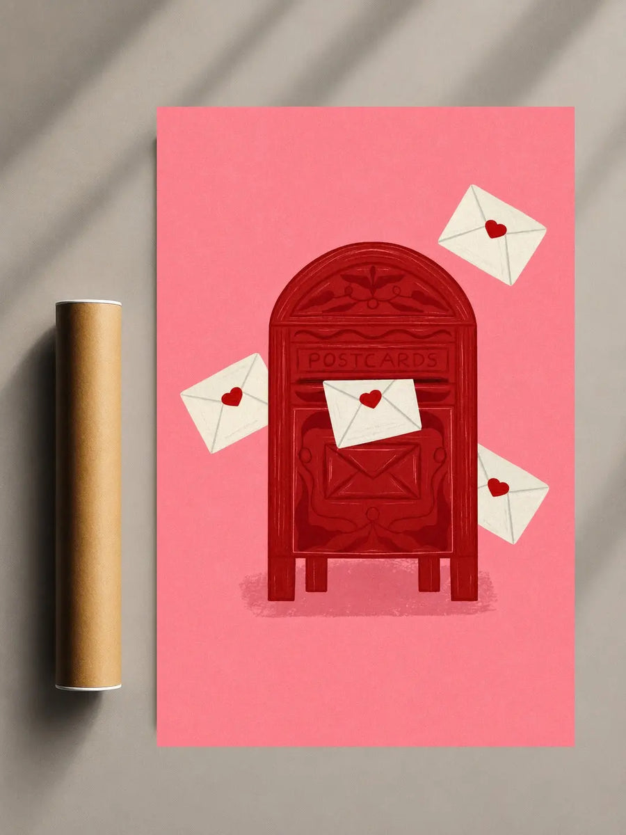 Wandposter mit roter Briefkasten-Illustration und weißen Briefumschlägen auf rosa Hintergrund